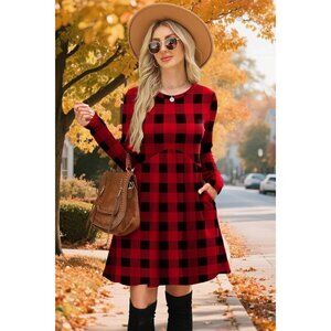 Womens Black Red Long Sleeve Empire Waist Winter Casual Tunic Dress with Pockets